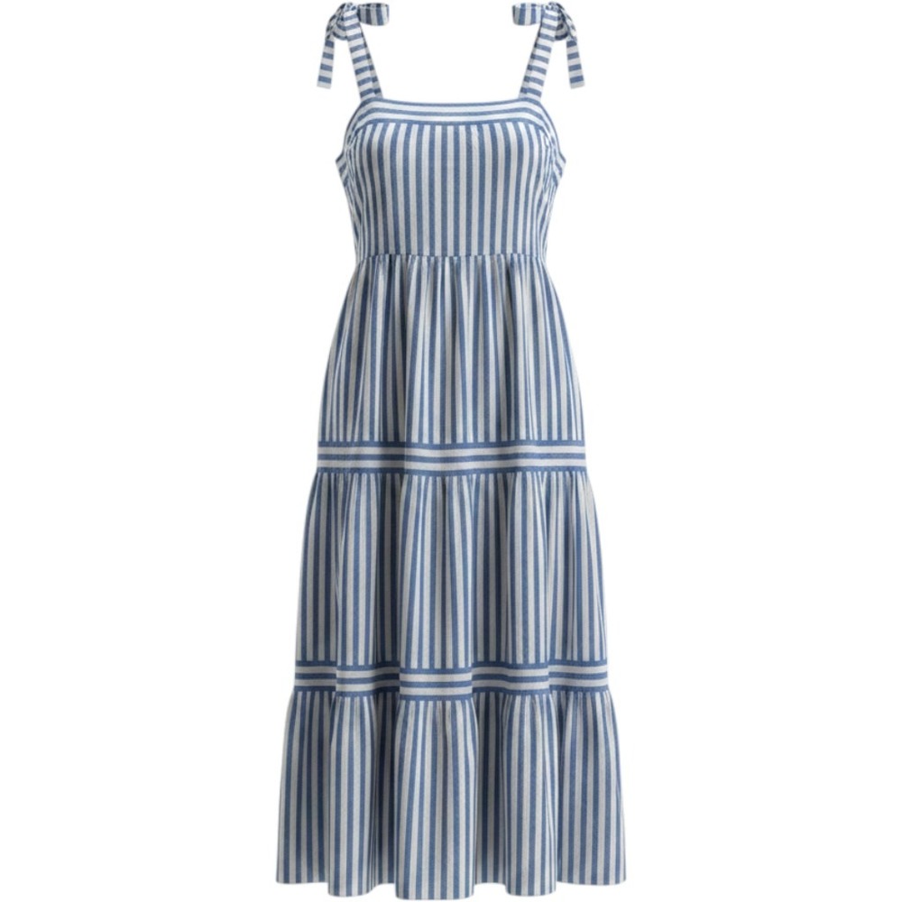 For The Republic Midi Dress Womens L Blue Excellent Striped Tie Strap Smocked